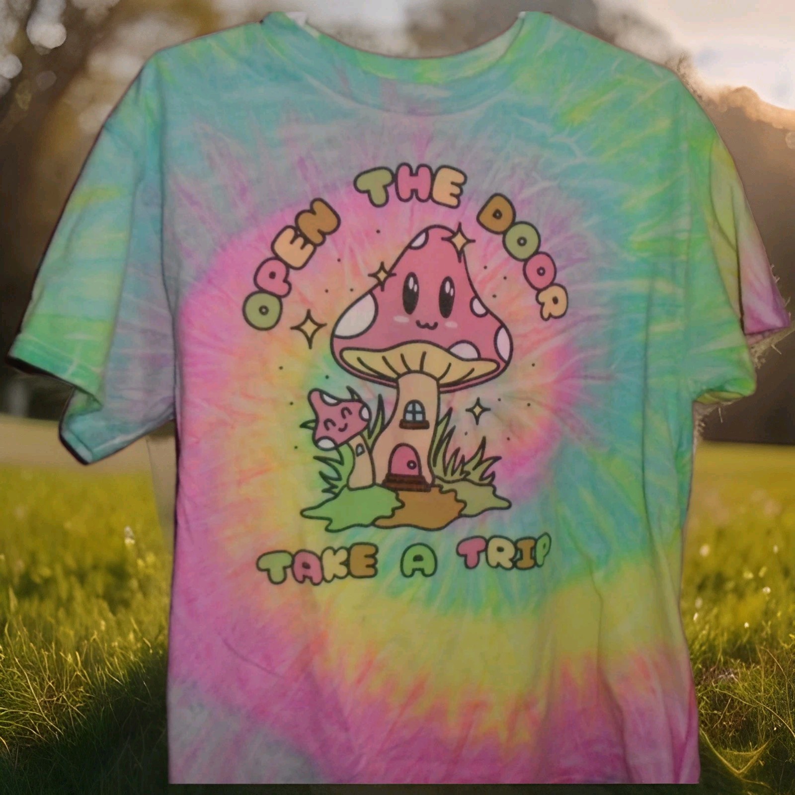 SPENCER'S "OPEN THE DOOR TAKE A TRIP MUSHROOM " TYE DYE TSHIRT ADULT LARGE gallery