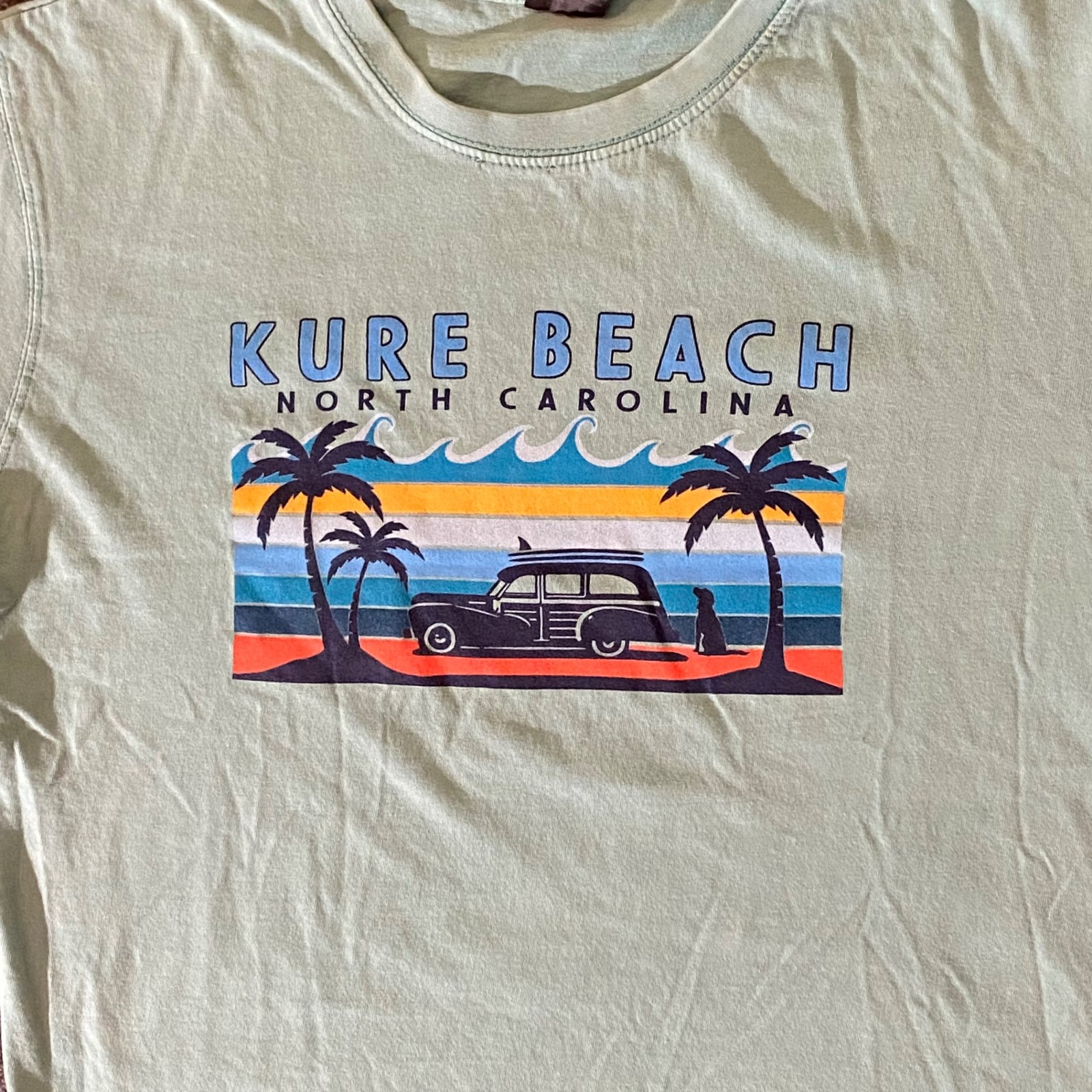 Kure Beach Shirt Mens L Mint Green Short Sleeve Graphic Surf North Carolina gallery