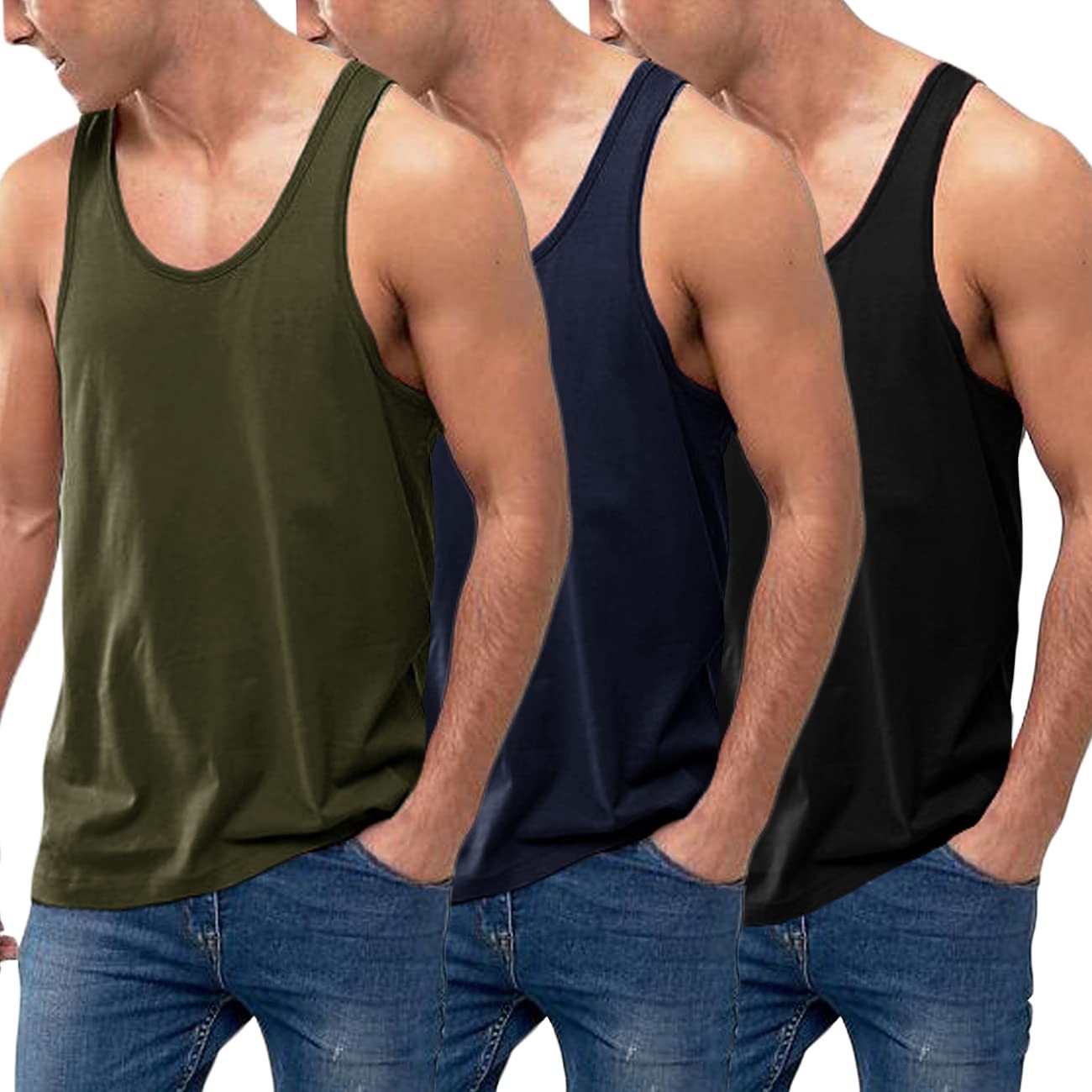 Men's 3 Pack Cotton Performance Classic Tank Tops 2XL Black/NavyBlue/Army Green gallery