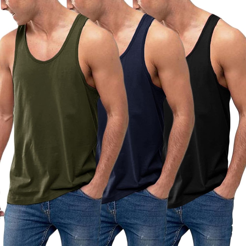 Men’s 3 Pack Cotton Performance Classic Tank Tops 2XL Black/NavyBlue/Army Green