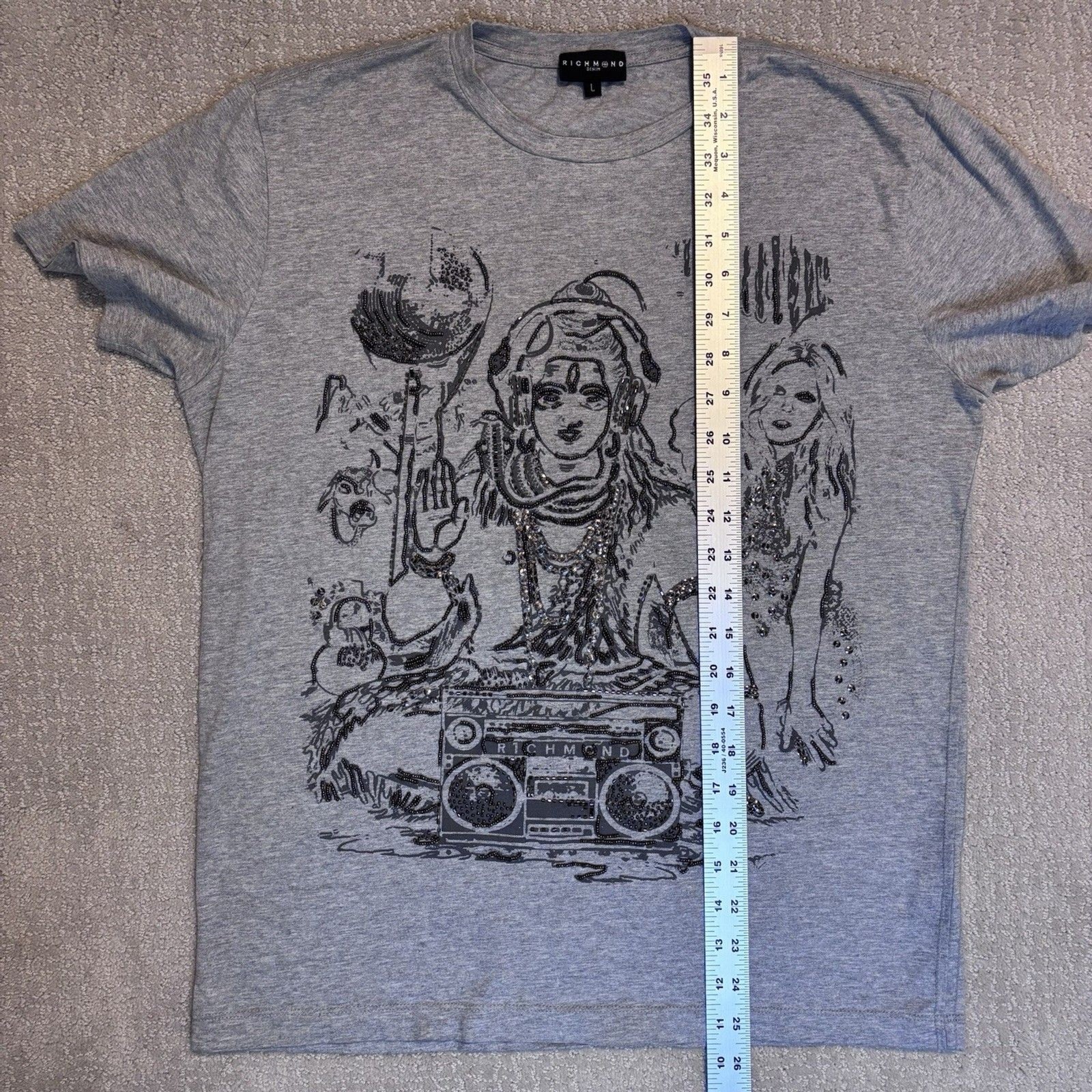 John Richmond Graphic Tee Beaded Embellished Shiva Boombox DJ Streetwear Y2K gallery