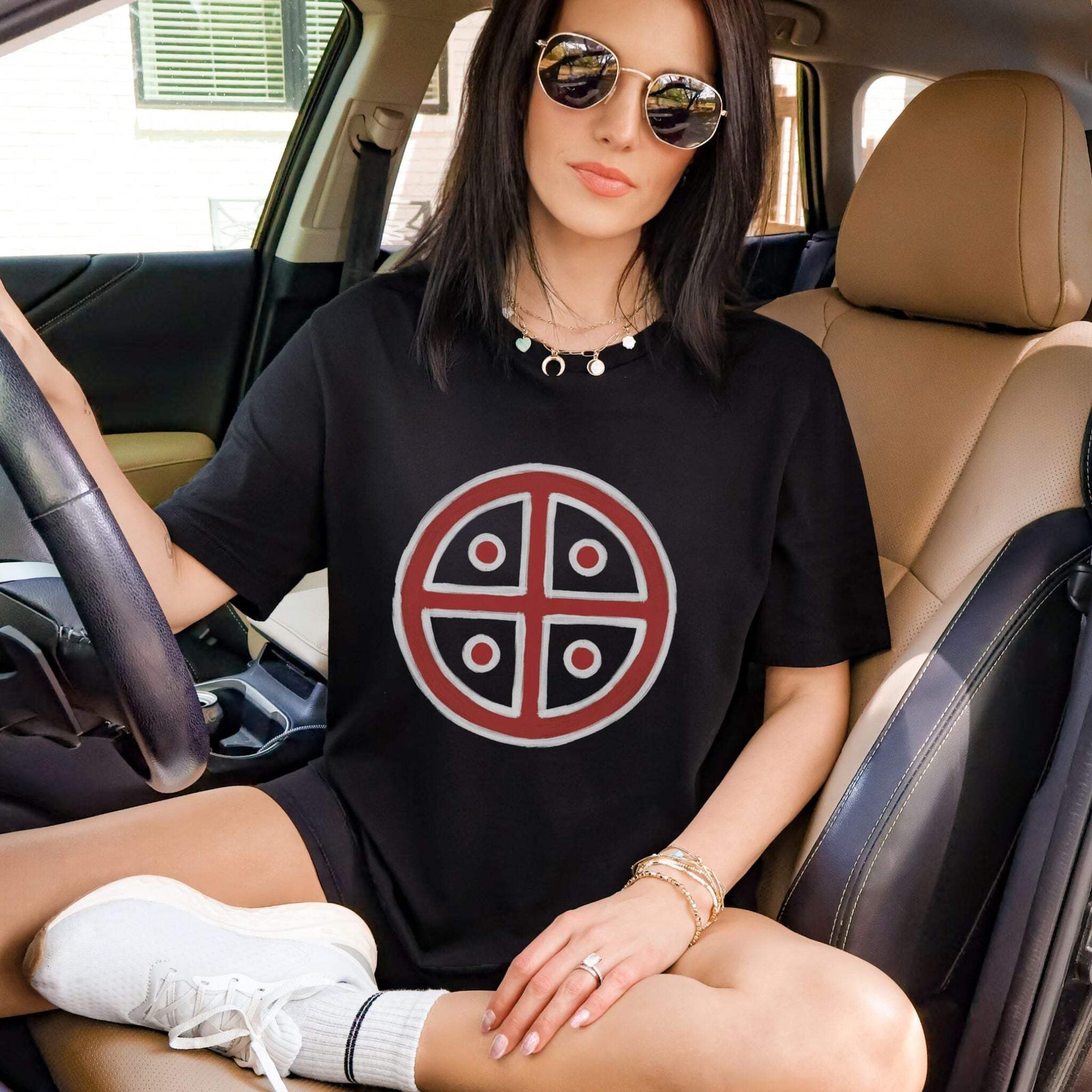 Red & White Solar Cross T-Shirt | Ancient Sun Symbol Graphic Tee Shirt gallery