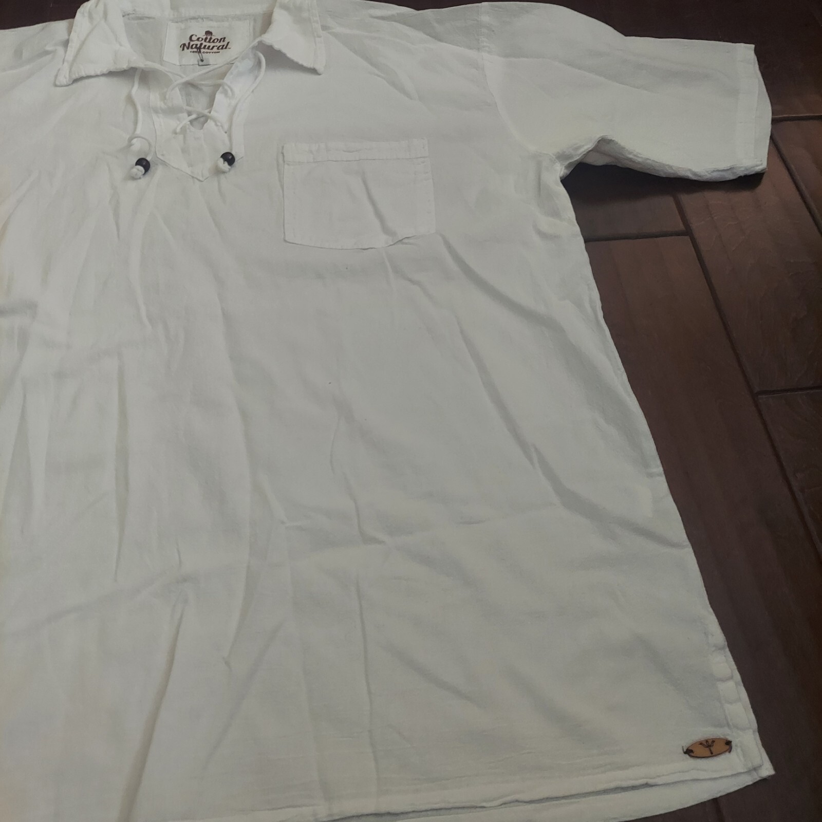 Cotton Natural Men's White Front Pocket Drawstrings Beads Shirt - Size 3XL gallery