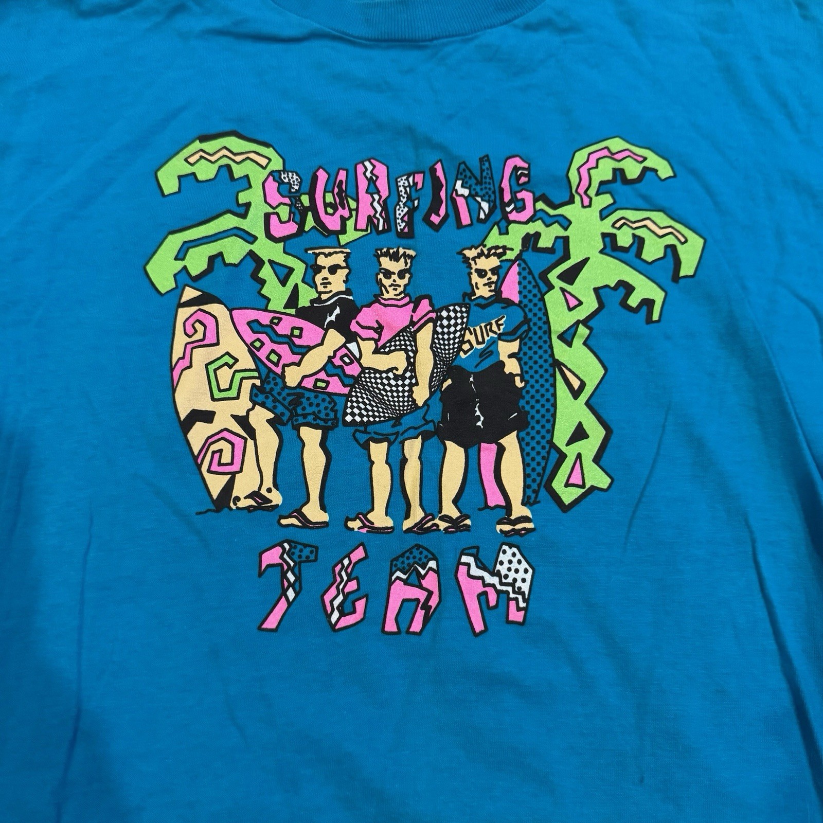Vtg 80s Surfing Team T Shirt XL Single Stitch Royal First Class Heavy Neon Surf gallery