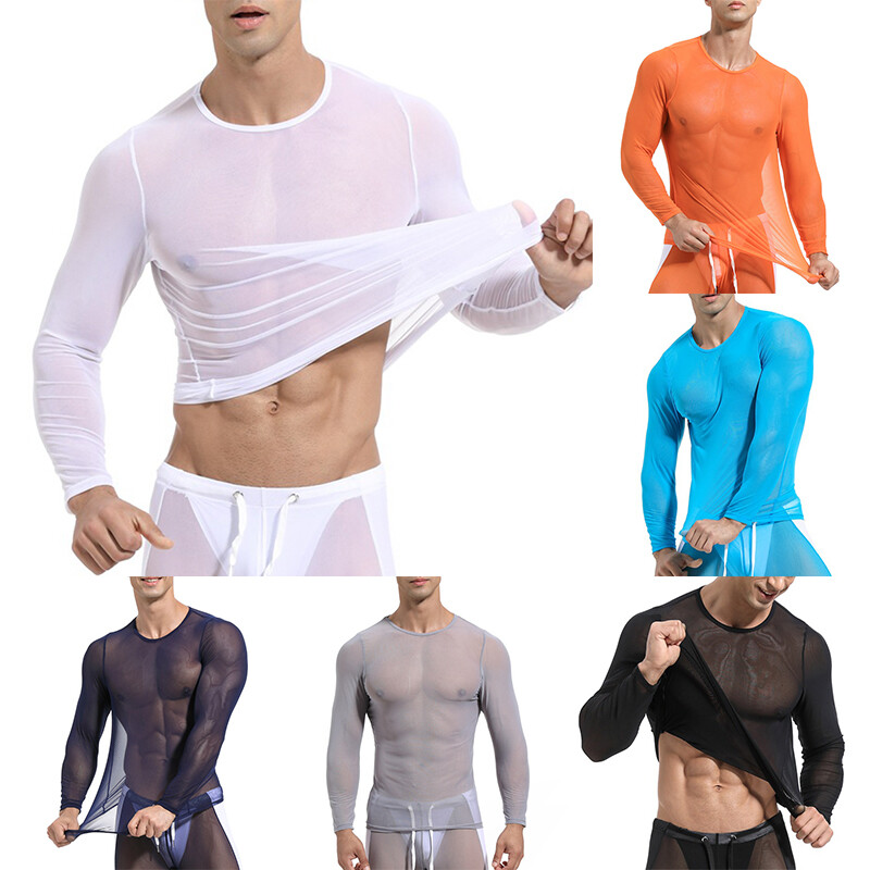 Mens Long Sleeve See Through Mesh T Shirt Sexy Muscle Clubwear Blouse Tops Tee gallery