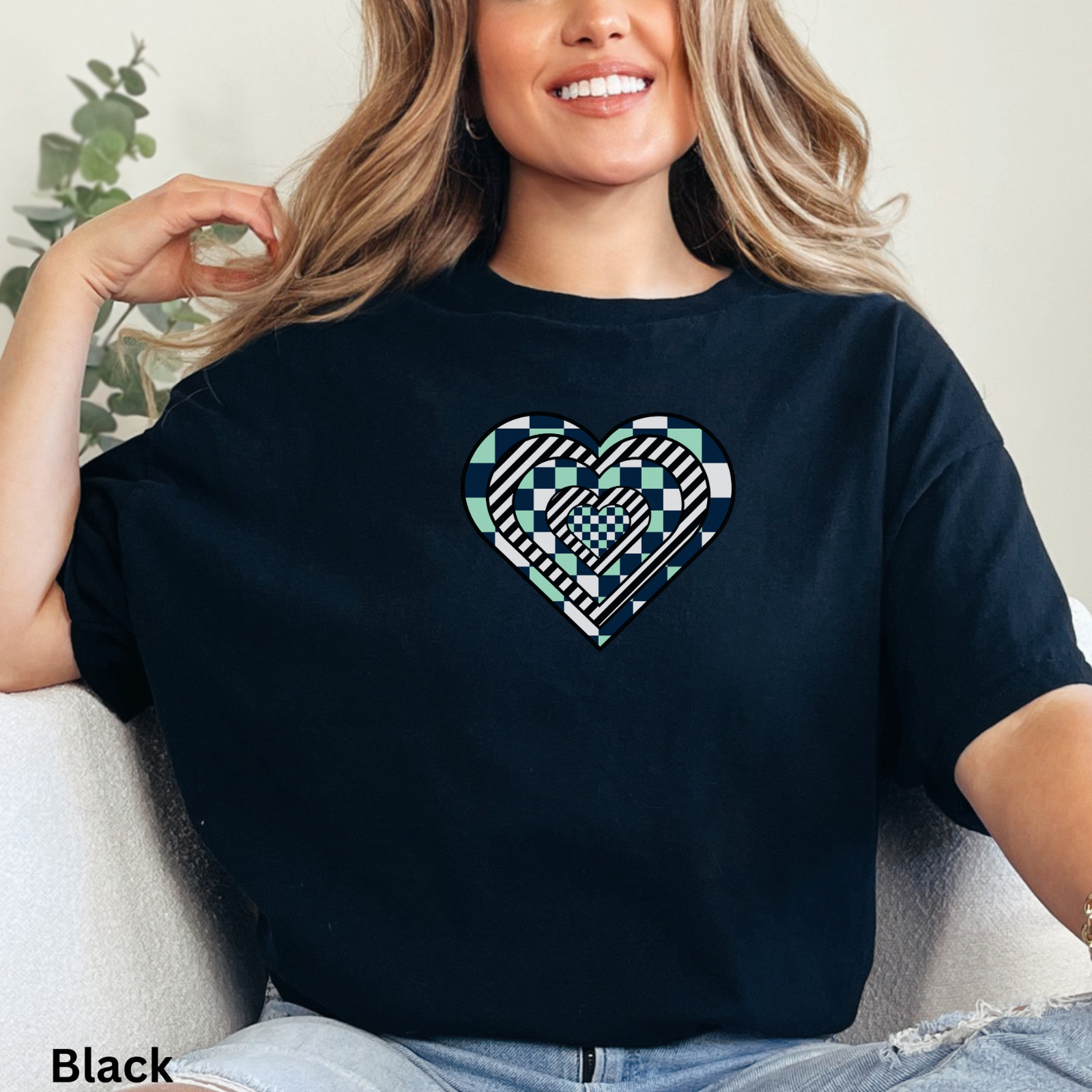 Geometric Pattern Heart Tee, Cute Valentine's Day Shirt, Checkerboard Heart Top gallery