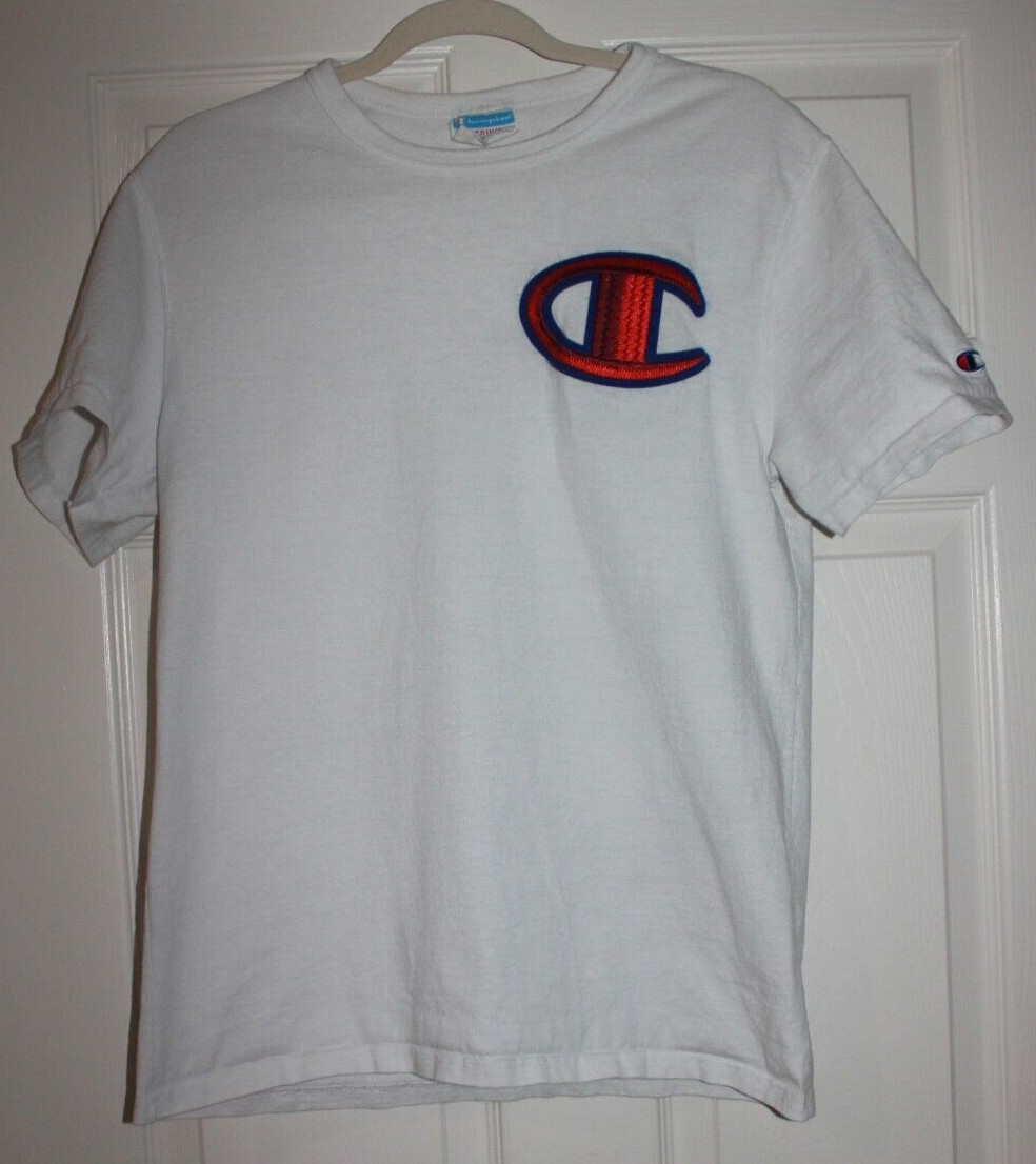 VINTAGE Champion Men T-Shirt White Logo Embroidered Short Sleeve Crew Neck Y2K M gallery