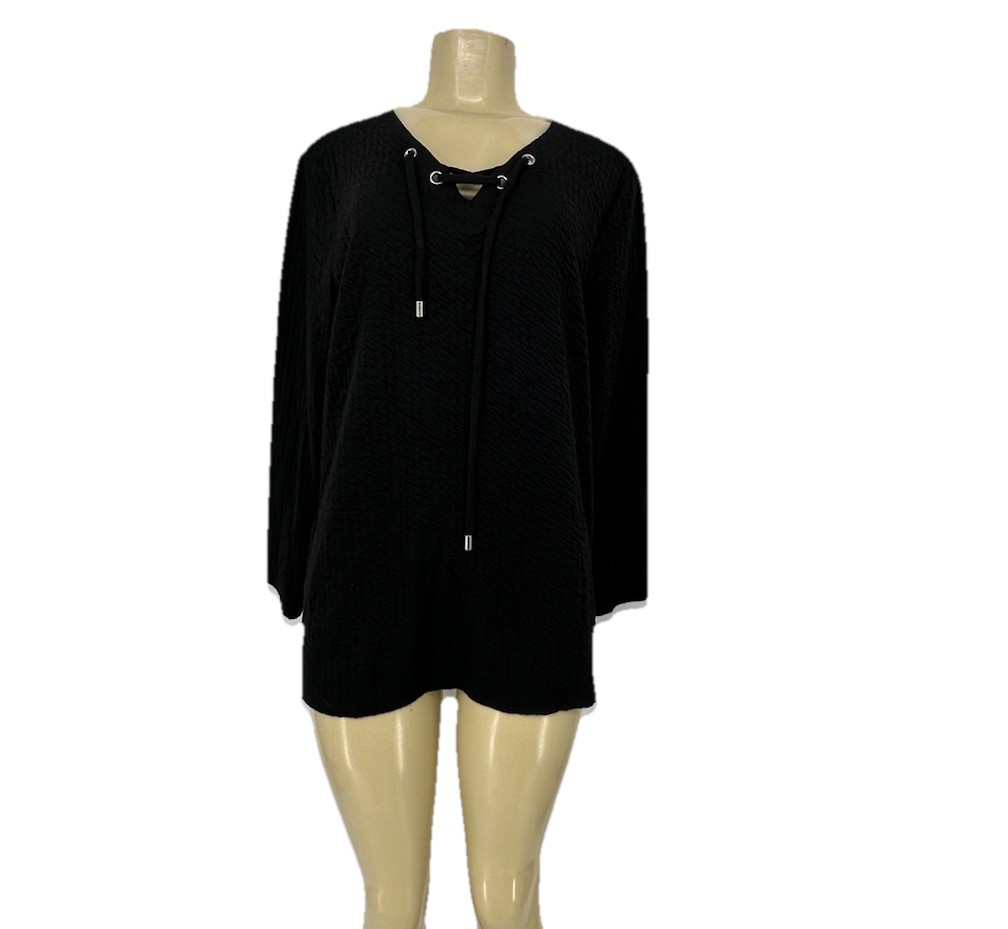 Chico’s Large Women Black Pullover Top T-shirt Stretch Lace Up V-neck I9