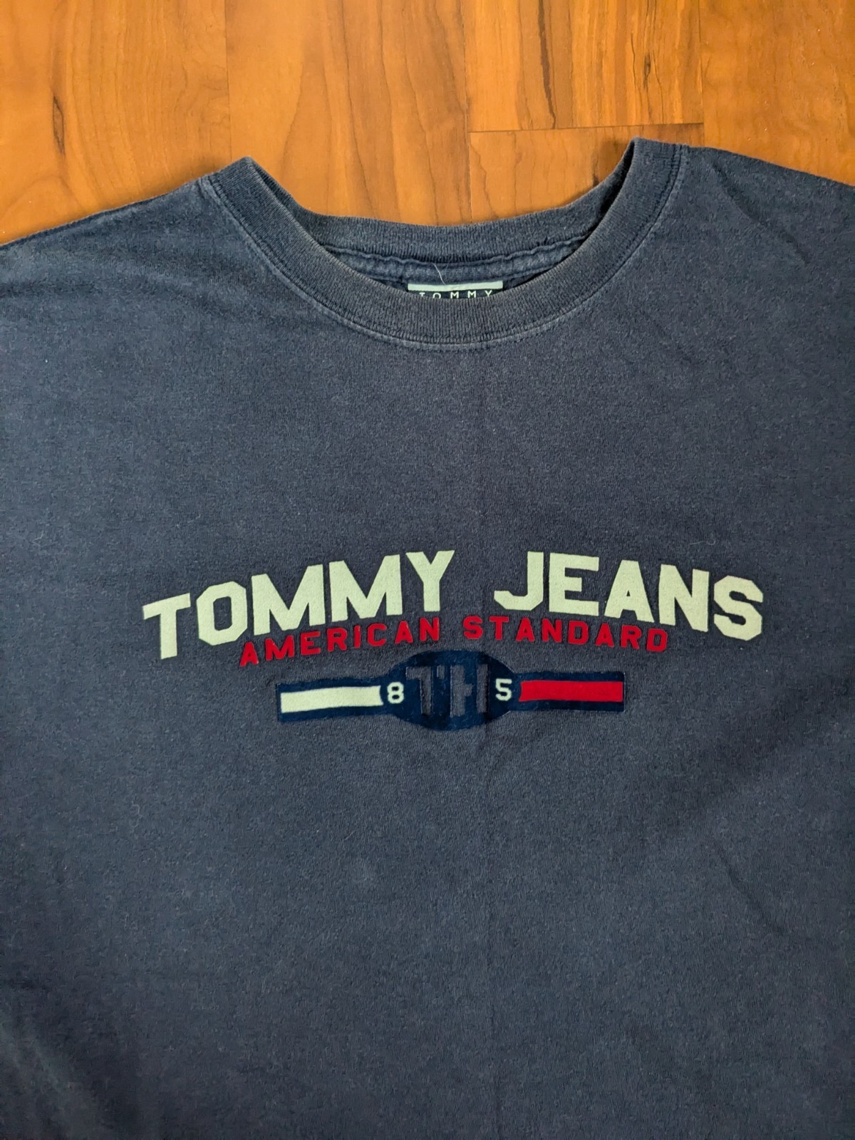 Vintage 90s Tommy Hilfiger Big Text Spellout Men's Navy Blue T Shirt Size Medium gallery