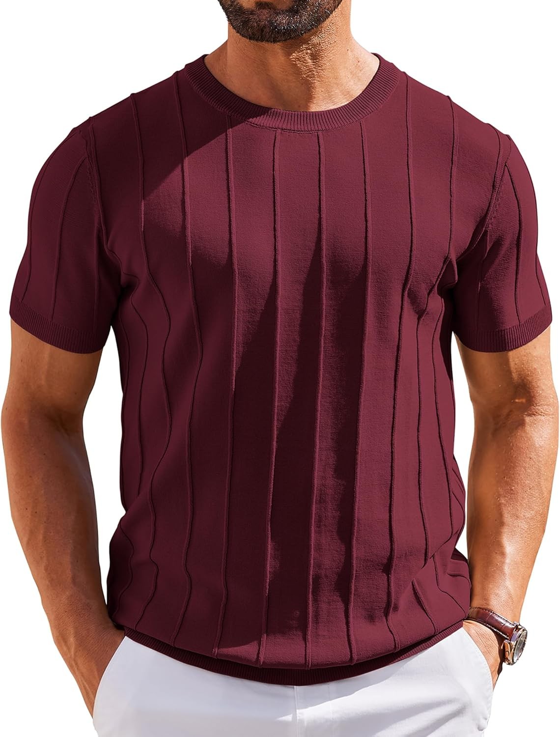 Men's Casual Short Sleeve Knit T-Shirt - Ribbed Crewneck Pullover Tee gallery