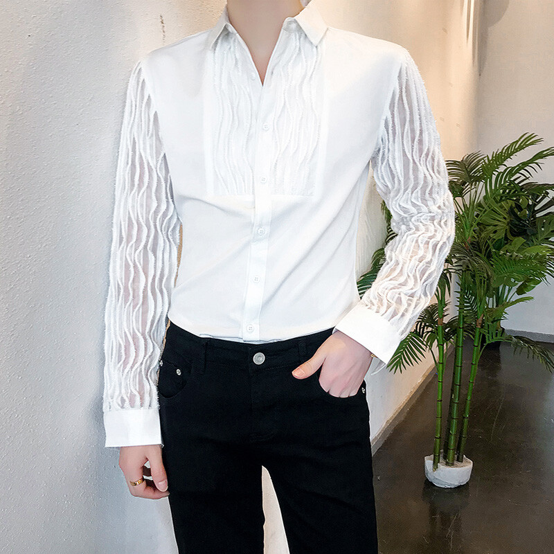 Mens Long Sleeves Hollow Out Lace Shirt Lapel Collar Splice Casual Clubwear Tops gallery