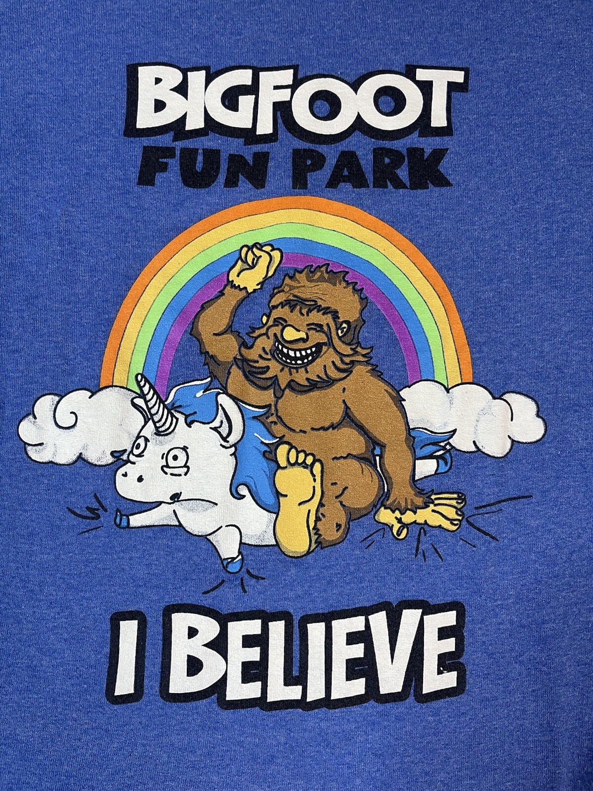 Adult S T Shirt Bigfoot Fun Park Rainbow Unicorn Believe Fantasy Blue Travel gallery