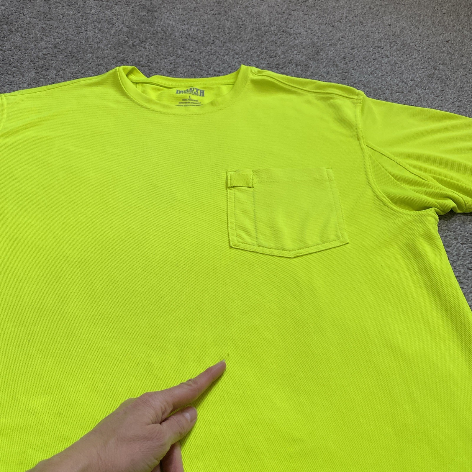 Duluth Trading Mens L Bright Safety Yellow Short Sleeve T-Shirt Pocket Stretch * gallery