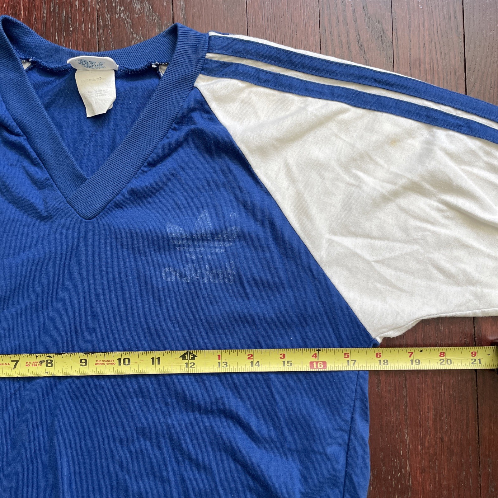 80s Vtg Adidas Trefoil USA MADE V-Neck LONG jersey Tee shirt blue white size M gallery