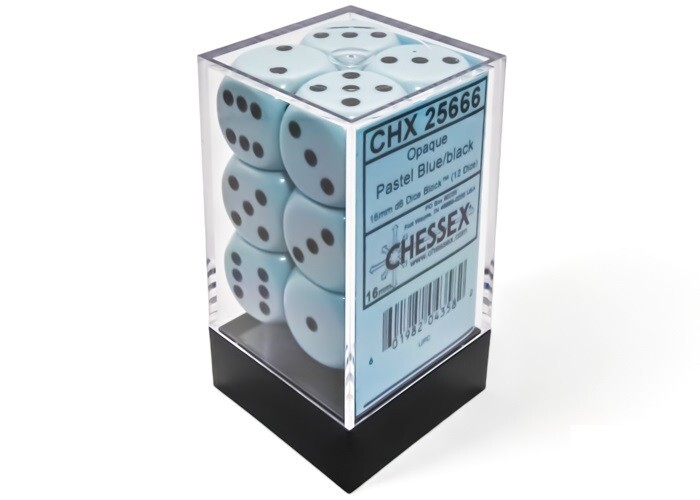 Chessex Opaque PASTEL Blue with Black 12 Dice Set – 6 Sided – 16mm d6 Dice Block
