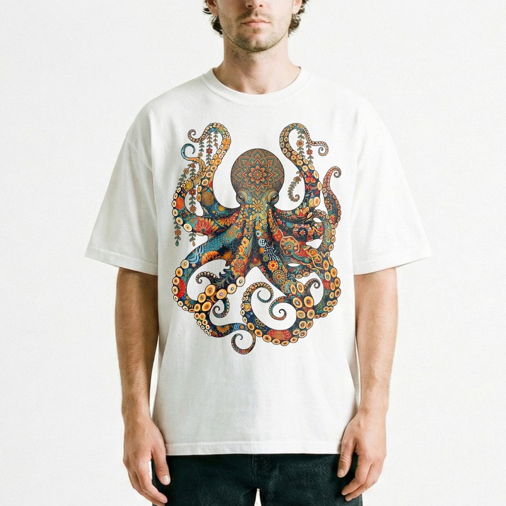 Ornatedala Octopus Intricate Pattern Vintage T-Shirt Boho Sea Creature Tee
