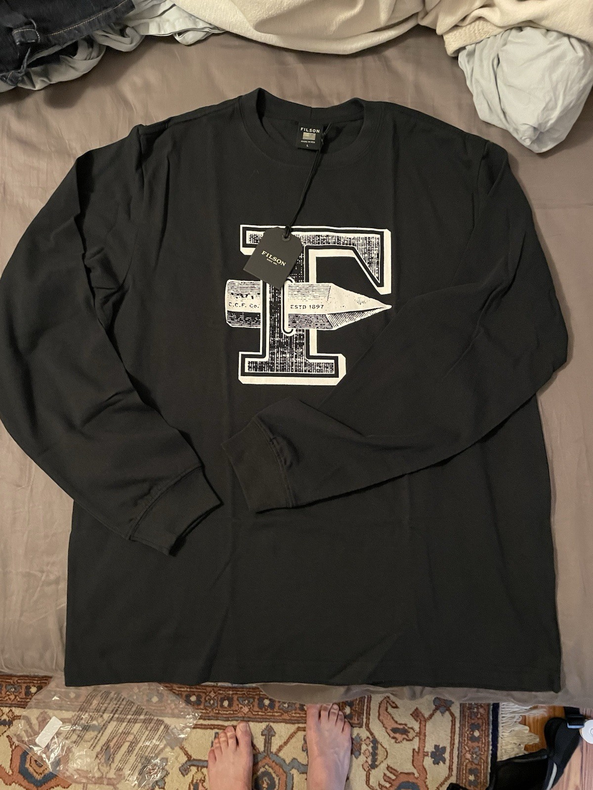 New! $60 Filson Pioneer Graphic Long Sleeve T-shirt Sz L Made In USA. Black Rail