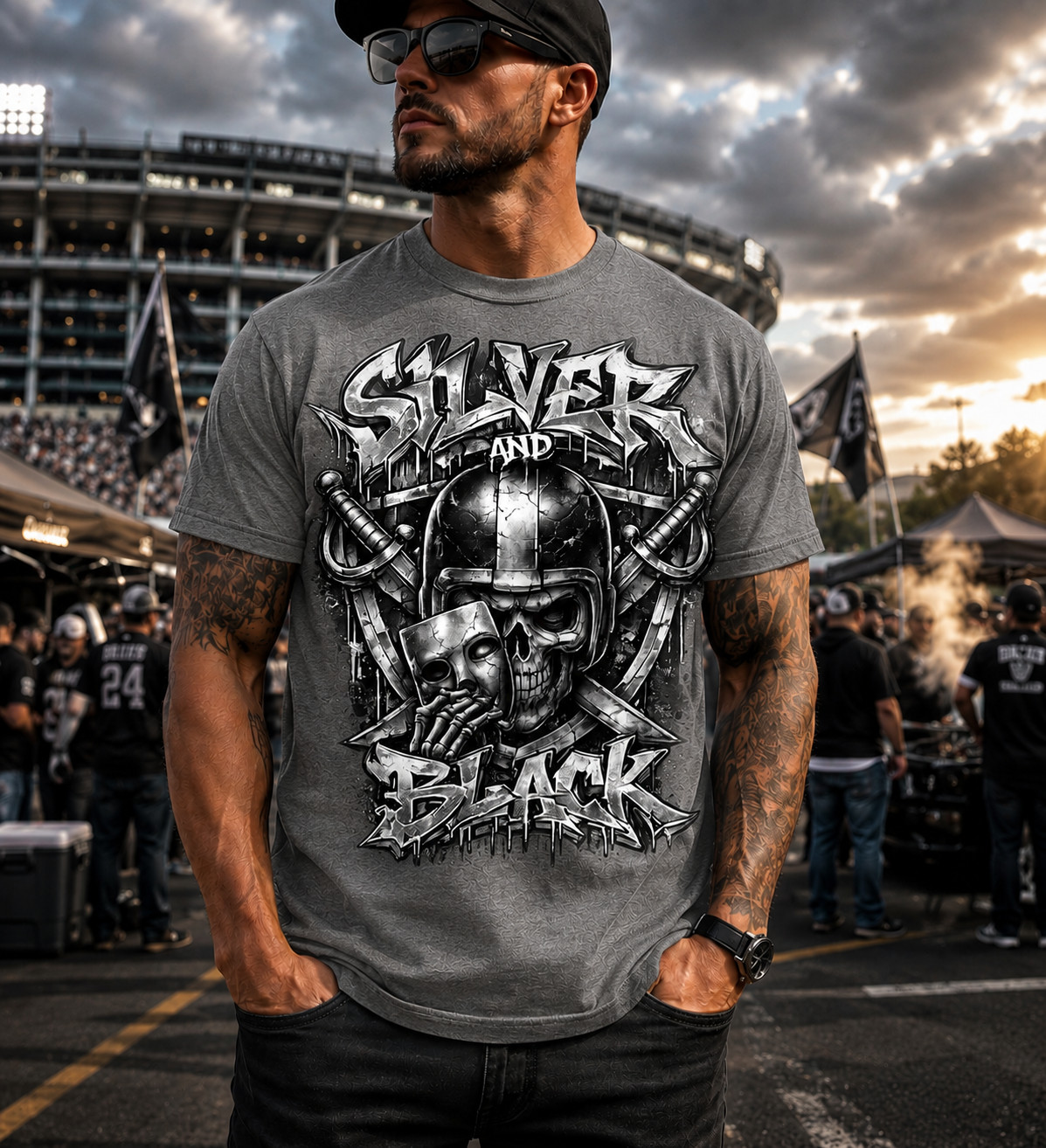 Men Raider Skull Silver & Black T Football Big & Tall Graphic Sneaker Tee Shirt gallery