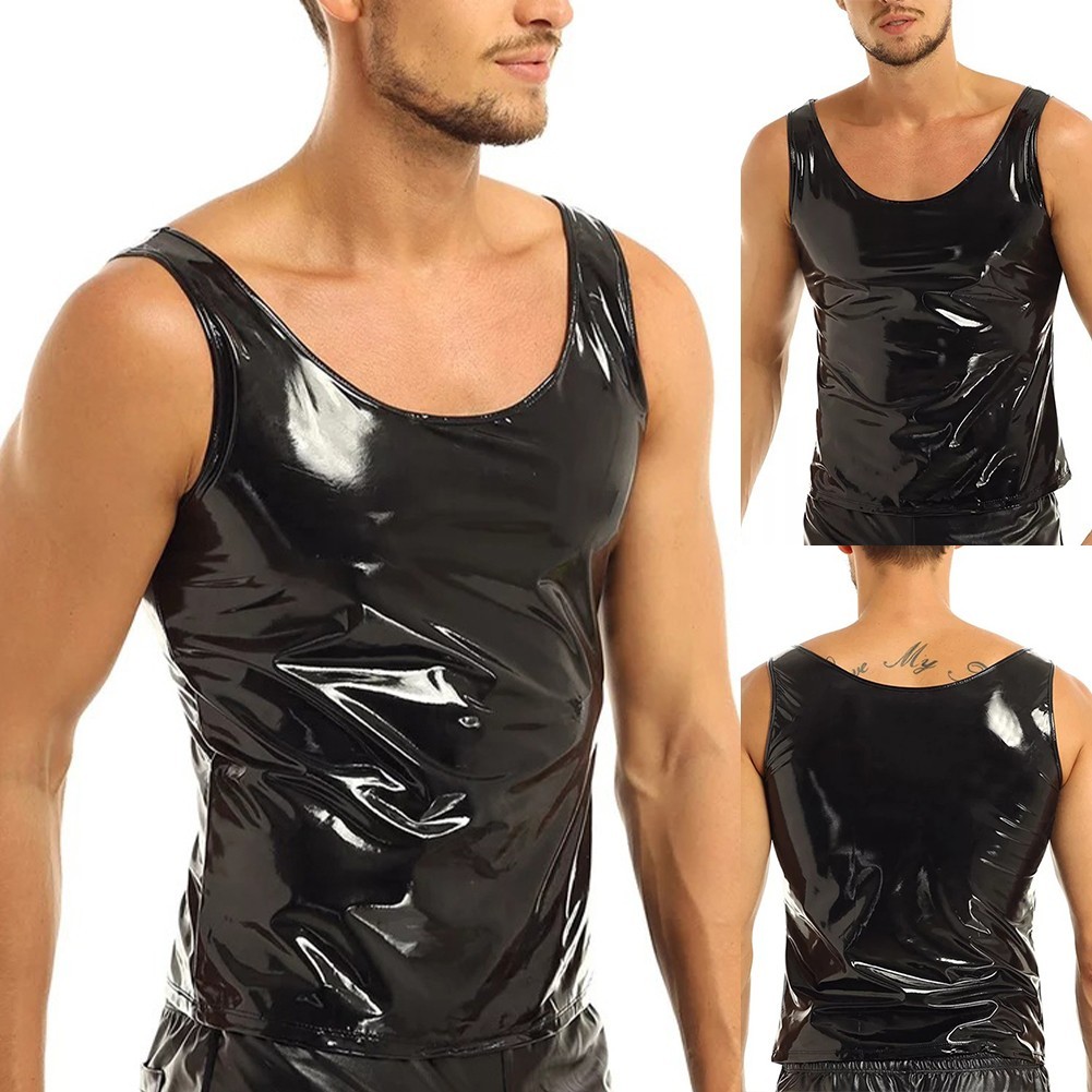 Top Men Crop Tops Men's Vest Mirror PVC Sexy Shiny Leather Sleeveless gallery