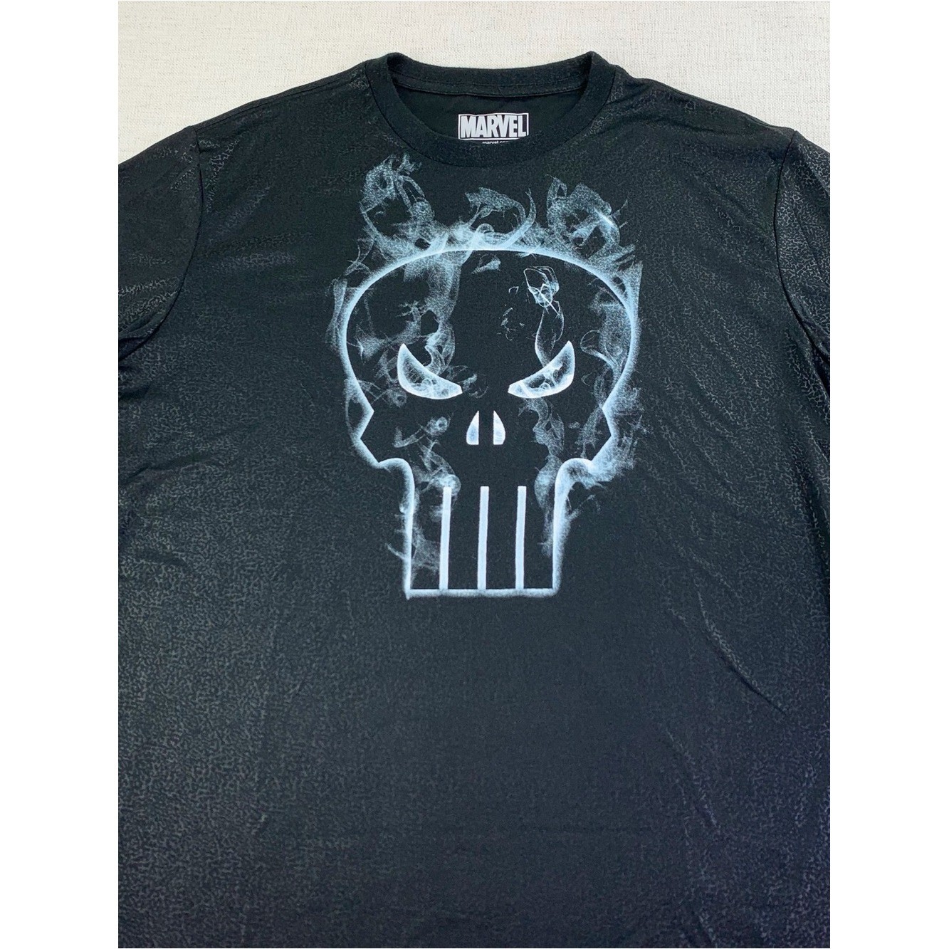 Marvel Black Short Sleeve Tee with Smoky Punisher Skull shiny textured fabric gallery