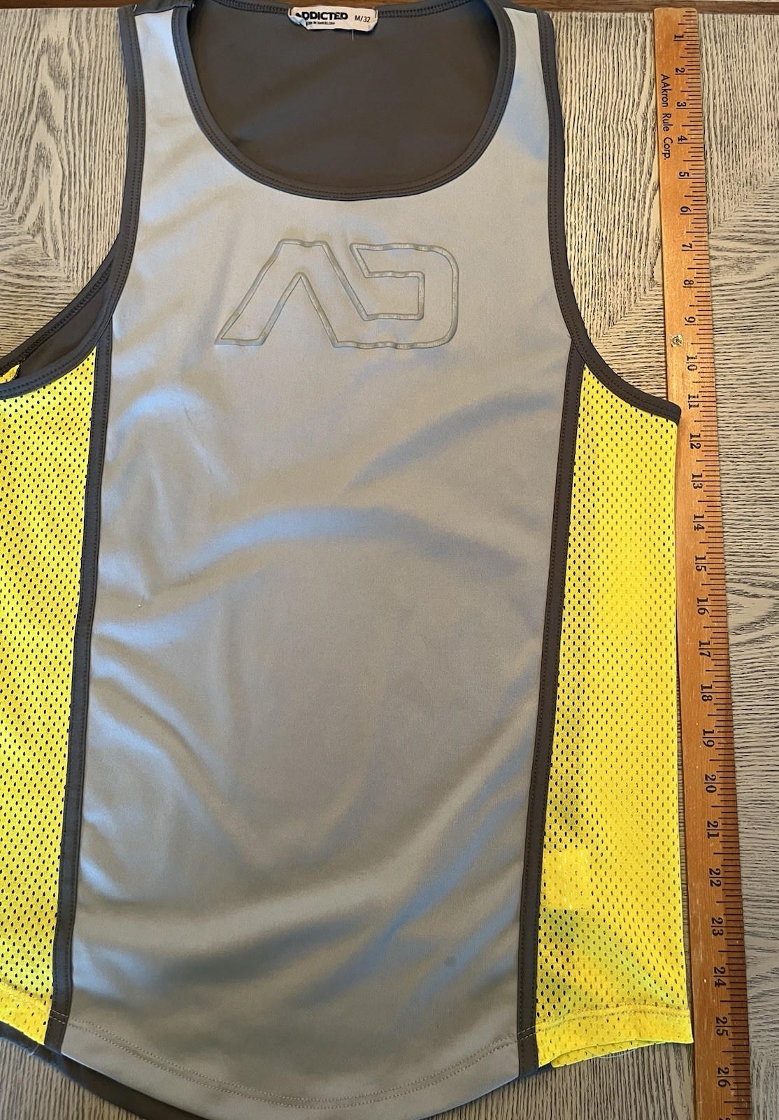 Addicted Dark & Light Gray & Yellow Mesh Tank Top Sz. M/ 32 See Thru on Sides gallery