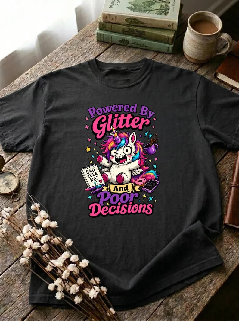 Powered By Glitter And Poor Decisions Graphic T-Shirt, Funny Unicorn Gift gallery