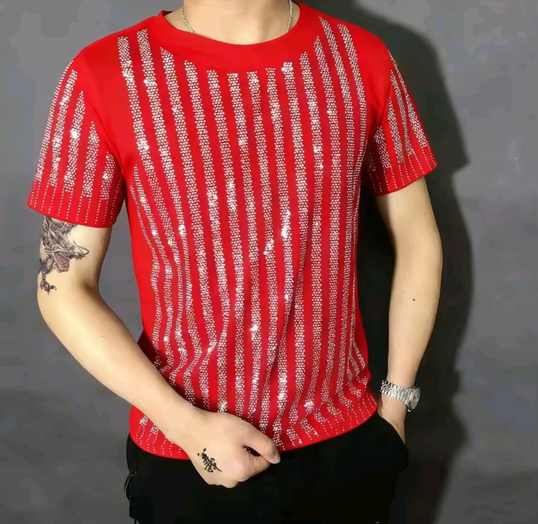 New Men Women Luxury Diamond Rhinestones Fashion Blue Red T-Shirt High Quality gallery