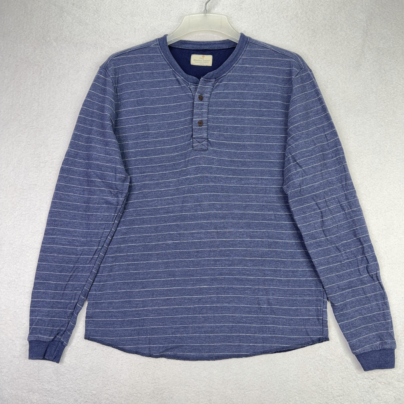 Marine Layer Mens M/L Marge Henley Shirt Blue Striped Long Sleeve Cotton