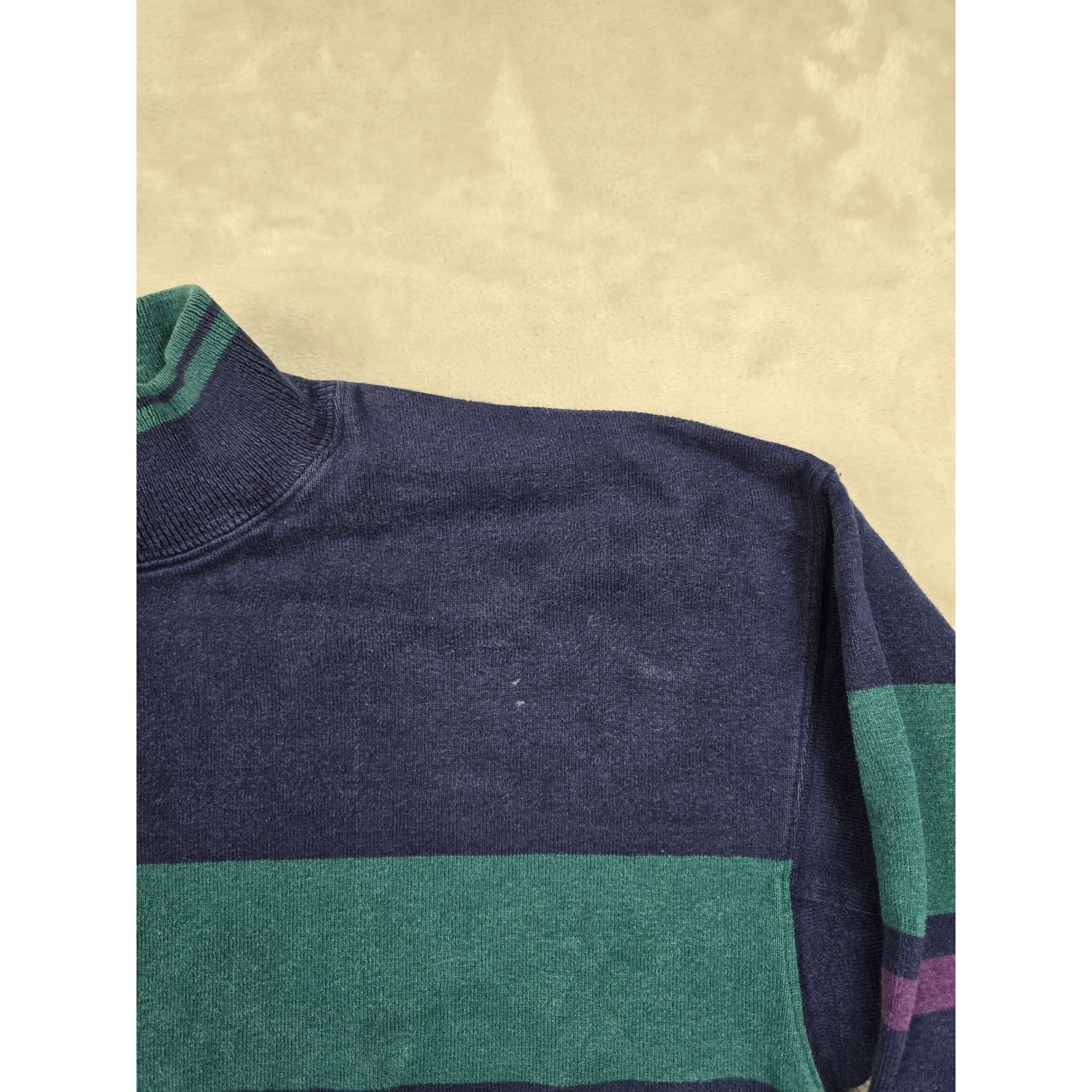 Vintage L.L. Bean Mock Neck Shirt Mens M Blue Striped Long Sleeve Made in USA gallery