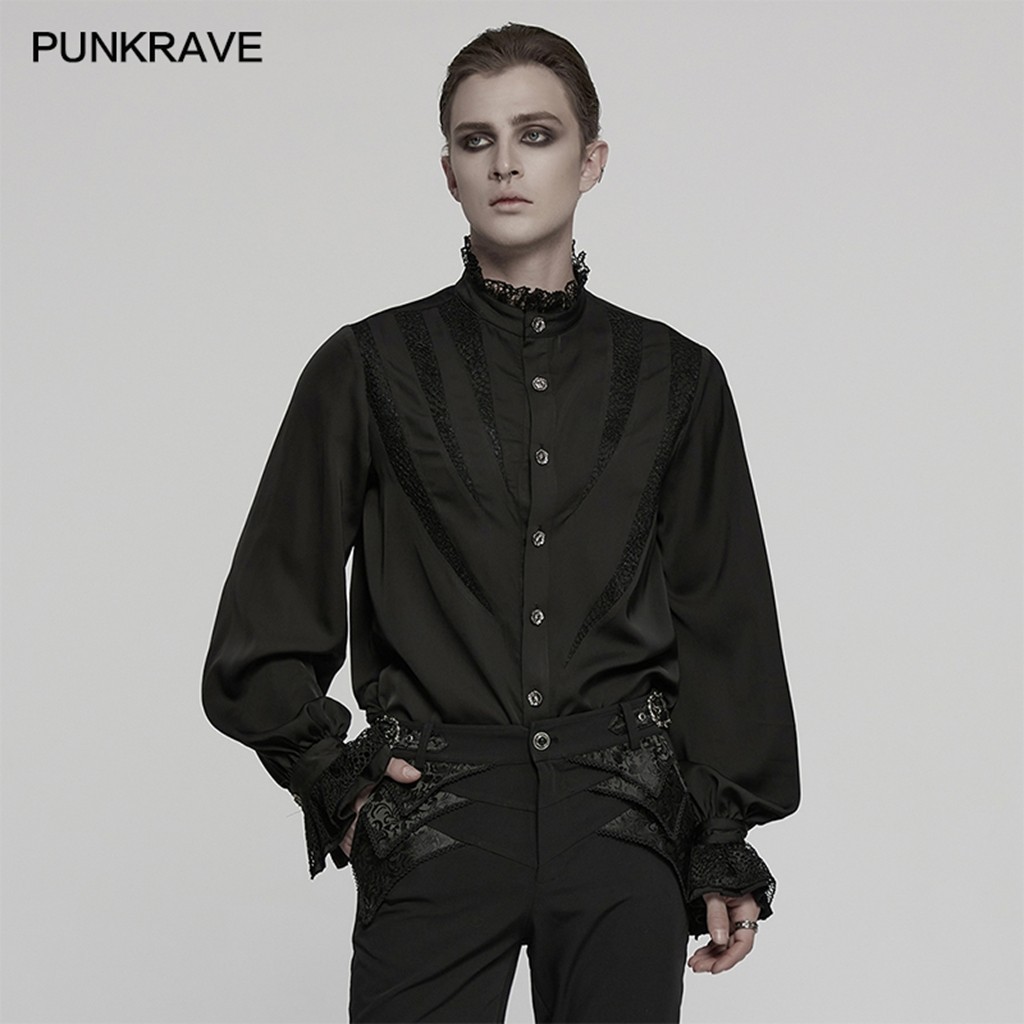 Punk Rave Men Black Gothic Punk Vintage Lace Splicing Shirt Loose Blouse