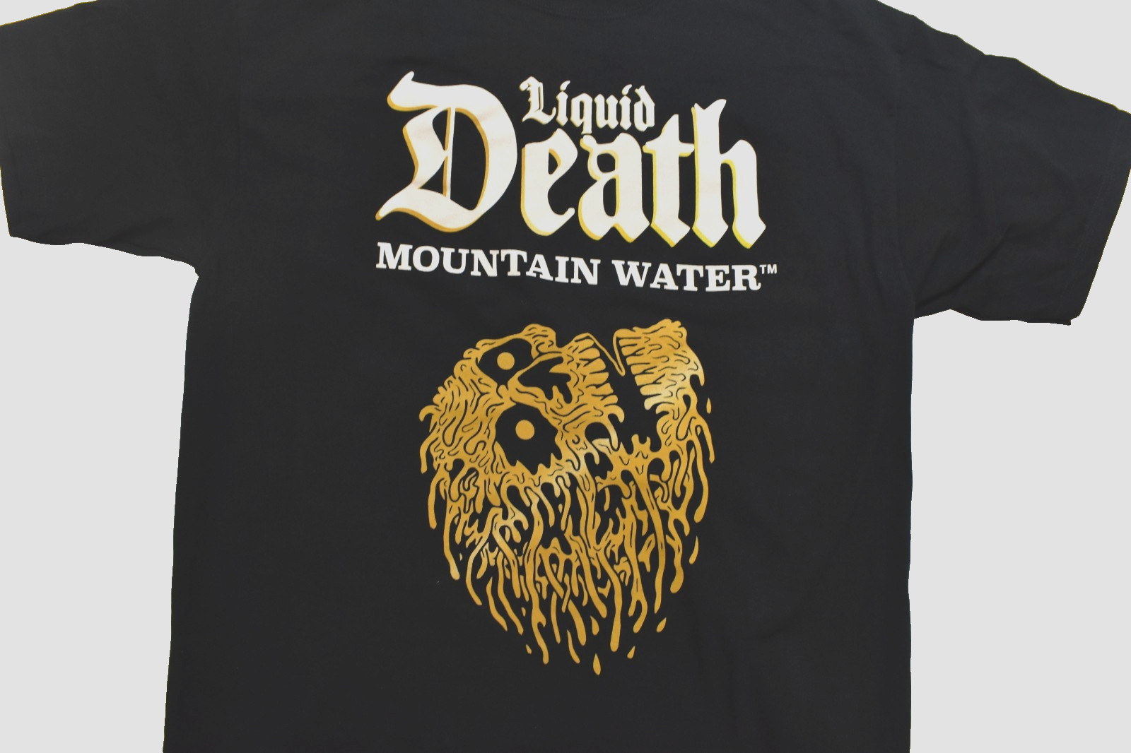Liquid Death Mens Gold Skull Mountain Water Black Shirt New S-2XL gallery