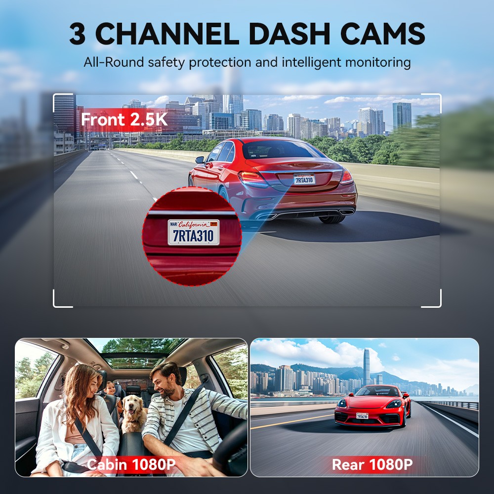 REDTIGER A3 3 Channel Dash Camera 32GB Card With Acc Multi-Size Hardwire Kit