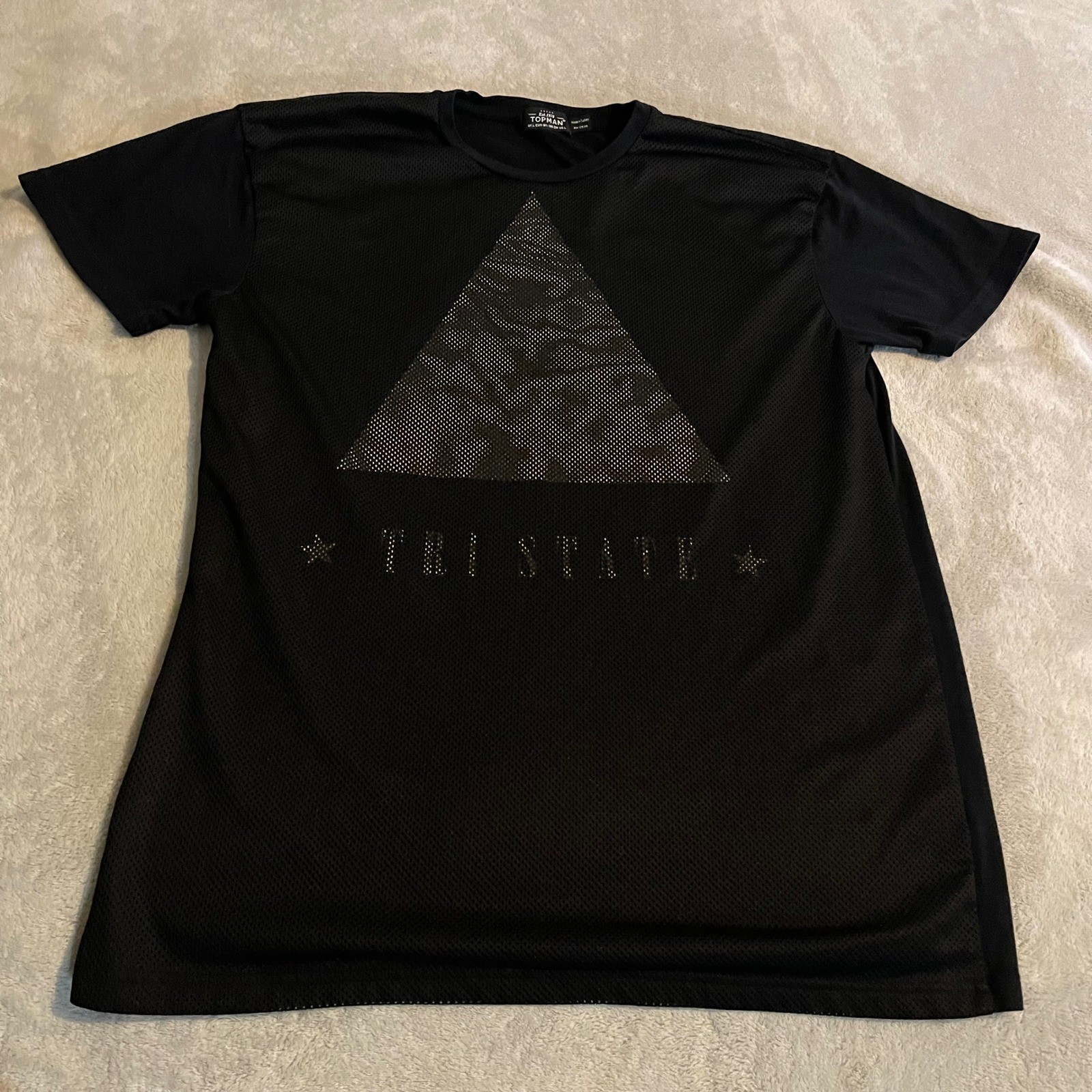Vintage Topman Mens Large Black Mesh Tri State Graphic T-Shirt Short Sleeve Tee gallery
