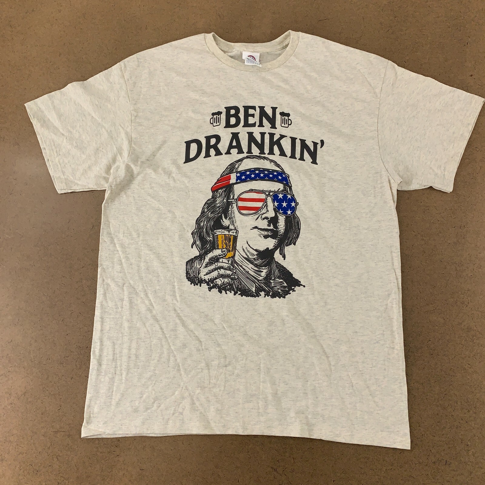 Delta Adult Size Large Oatmeal Heather Ben Drankin’ Graphic Short Sleeve T-Shirt