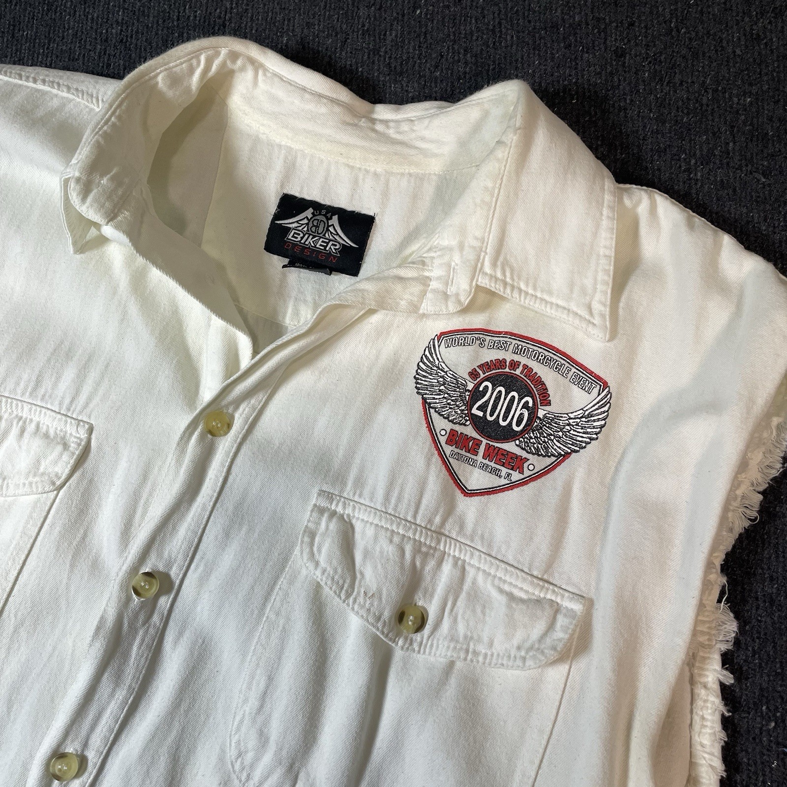 Vintage 2006 Daytona Beach Bike Week Vest Shirt USA Biker Design White Cotton XL