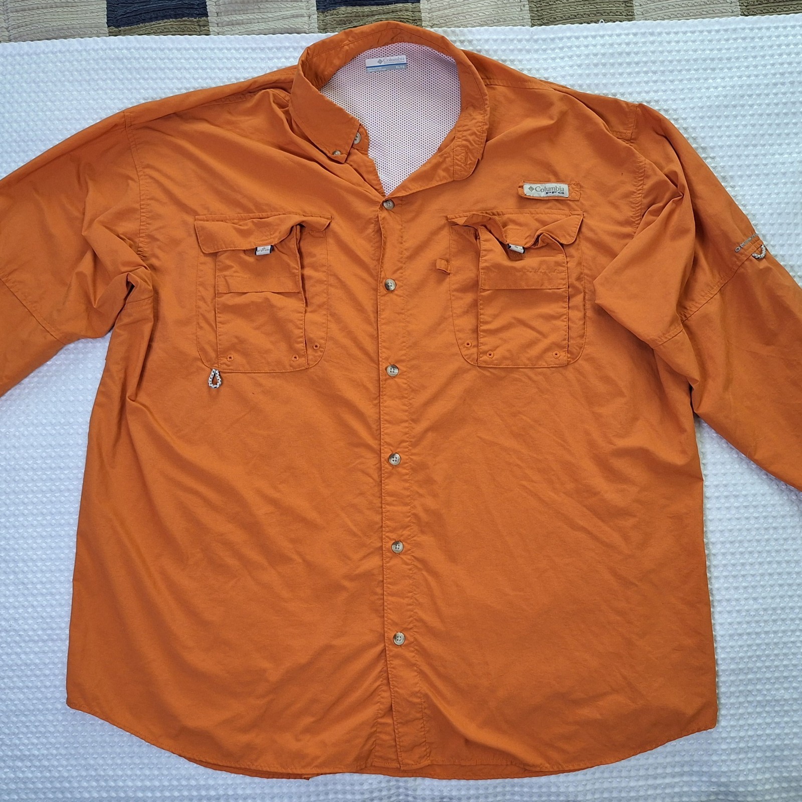 Columbia PFG Copper Orange Button Down Polyester Nylon Fishing Shirt Size XL gallery