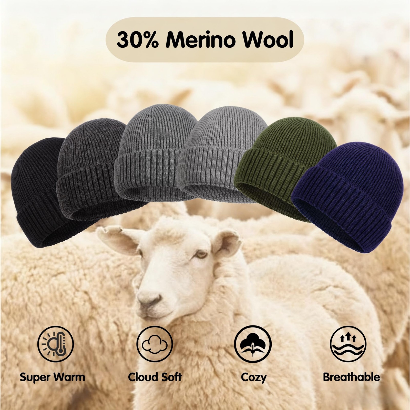XXL Merino Wool Beanie, Mens Winter Beanie Hats, Winter Hat Knitted Beanies C... gallery