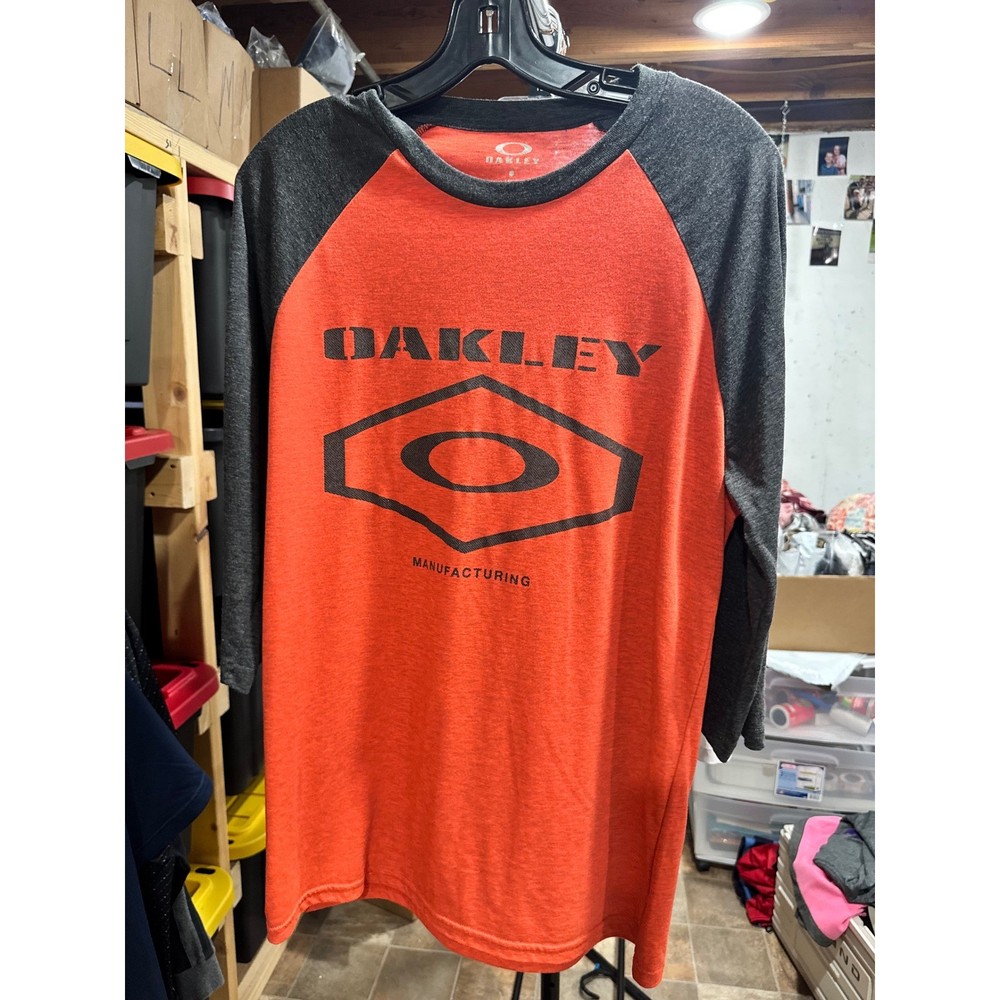 Oakley Mens Graphic Baseball Tee Orange Grey 3/4 Sleeve Raglan Shirt Medium