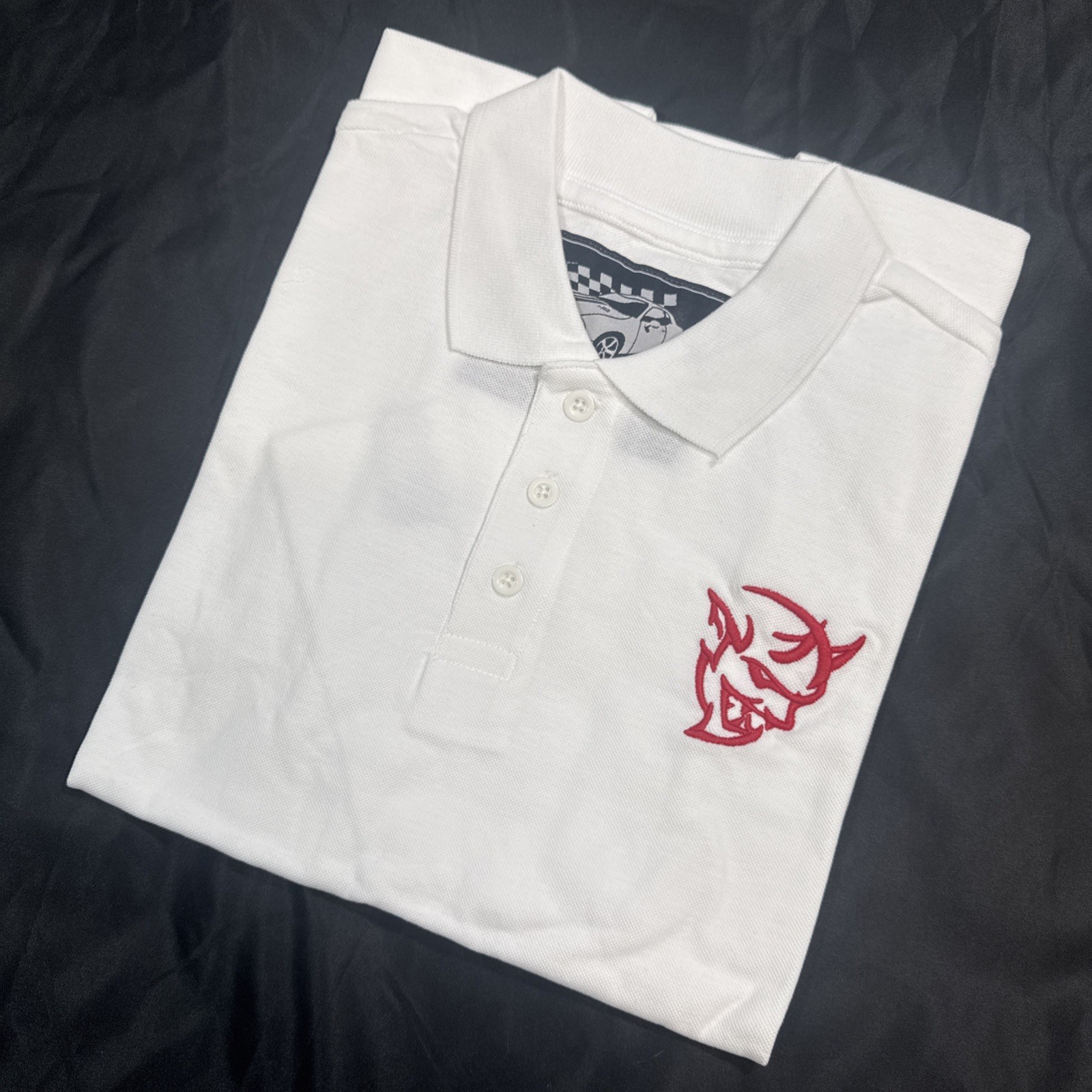 Demon Dodge White Polo Mens Automotive Shirt Embroidered Muscle Car Horsepower gallery