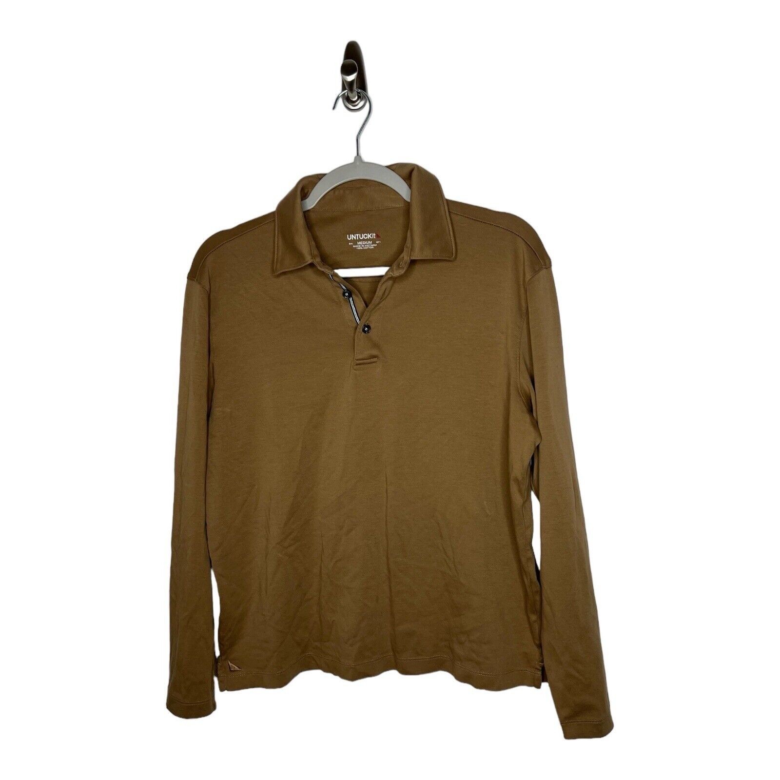 UNTUCKit Shirt Mens Medium Tan Stretch 1/4 Button Casual Top Long Sleeve Collar