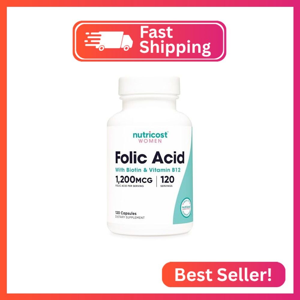 Nutricost Folic Acid for Women (Vitamin B9) 1200 mcg, 120 Capsules, with B12 and