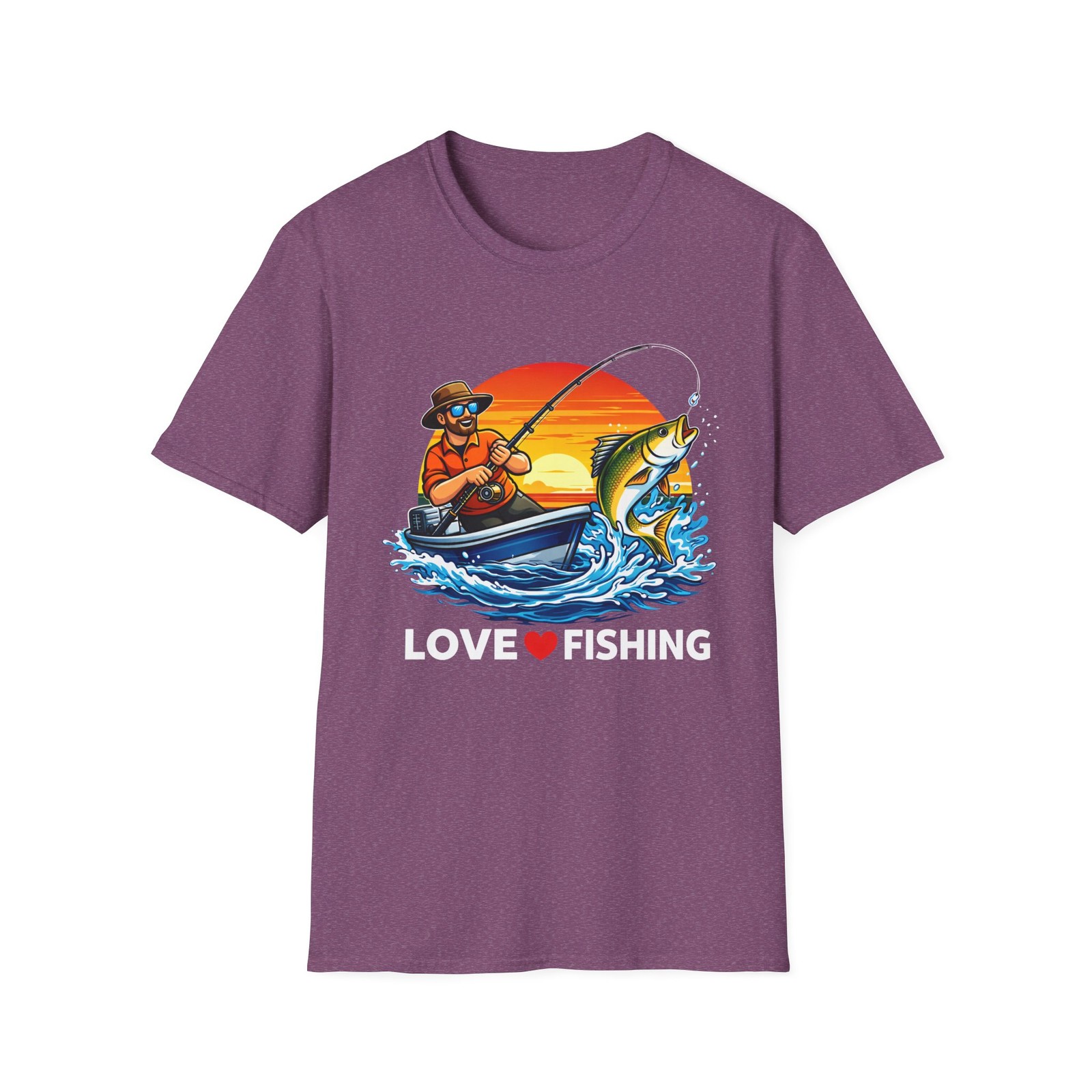 Fisherman Reeling Big Fish T-Shirt | Sunset Boat Fishing Tee