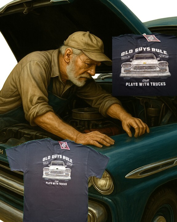 OLD GUYS RULE STILL PLAYS WITH TRUCKS! Black T-Shirt Sizes