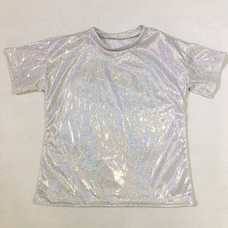 Men Lady Shiny Holographic Shirt Top Tee Dance Disco Costume Glitter Unisex Chic gallery