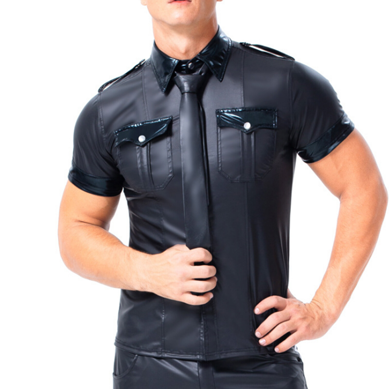 Men's Faux Leather T Shirt Wet Look Short Sleeve Slim Tights Top Clubwear Party gallery