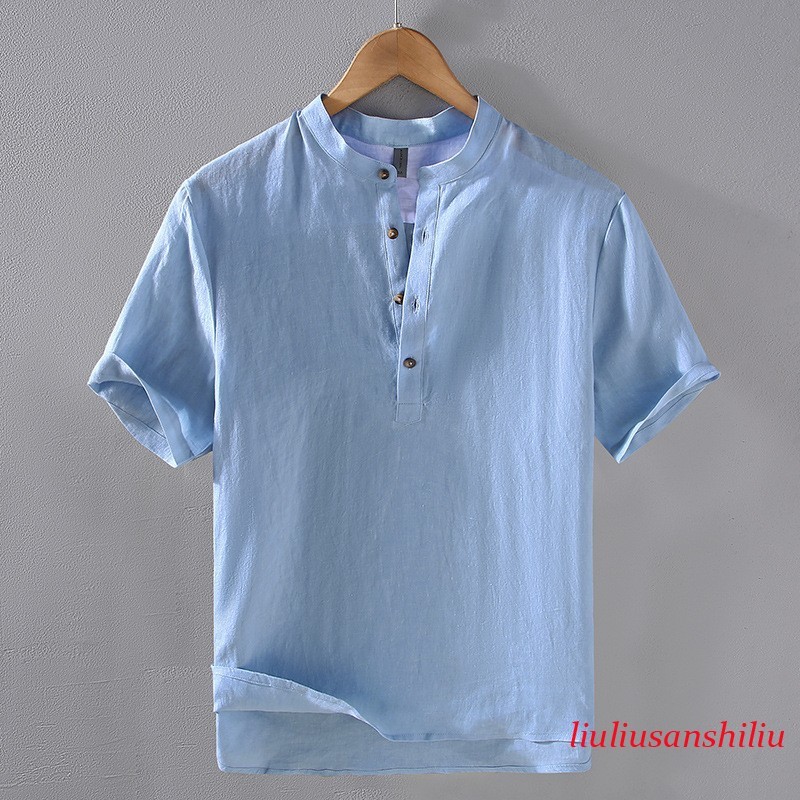 Retro Style Short Sleeve Pullover Mens Stand Collar 100% Linen Shirt Half Button gallery