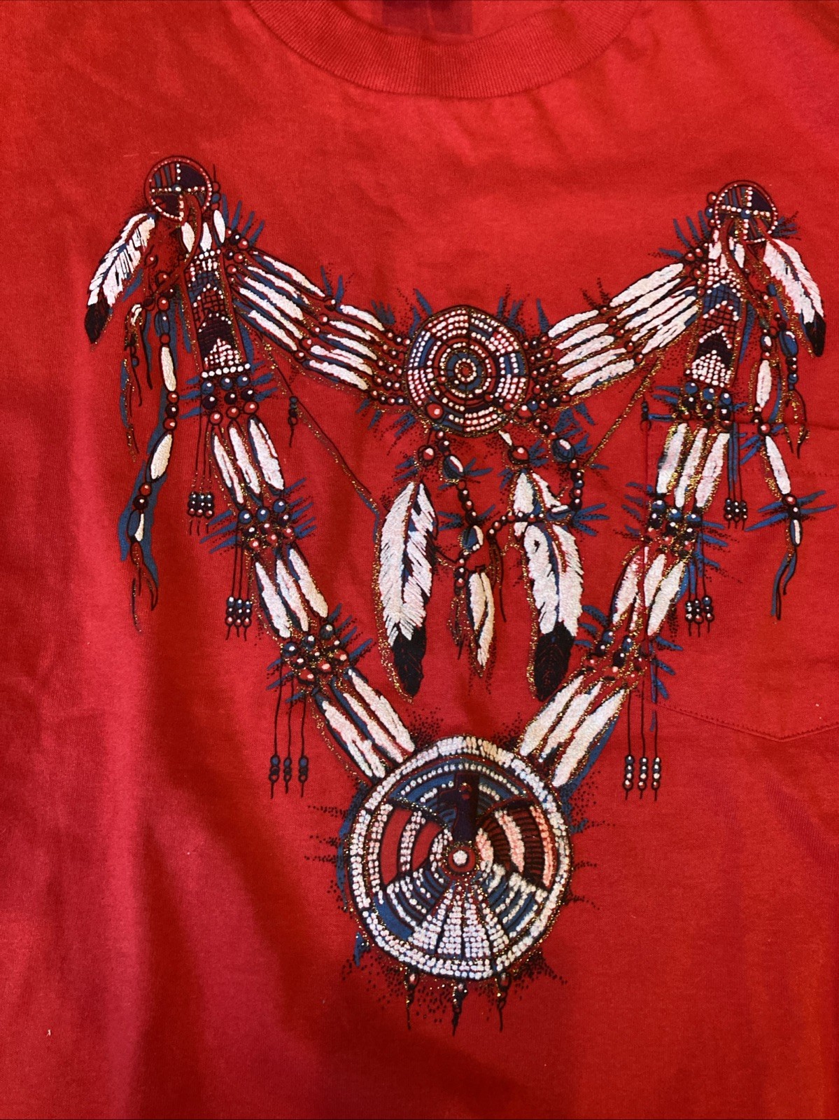 VINTAGE Native American T-Shirt XXL Red Beaded Fringe Rare Dream Catch gallery