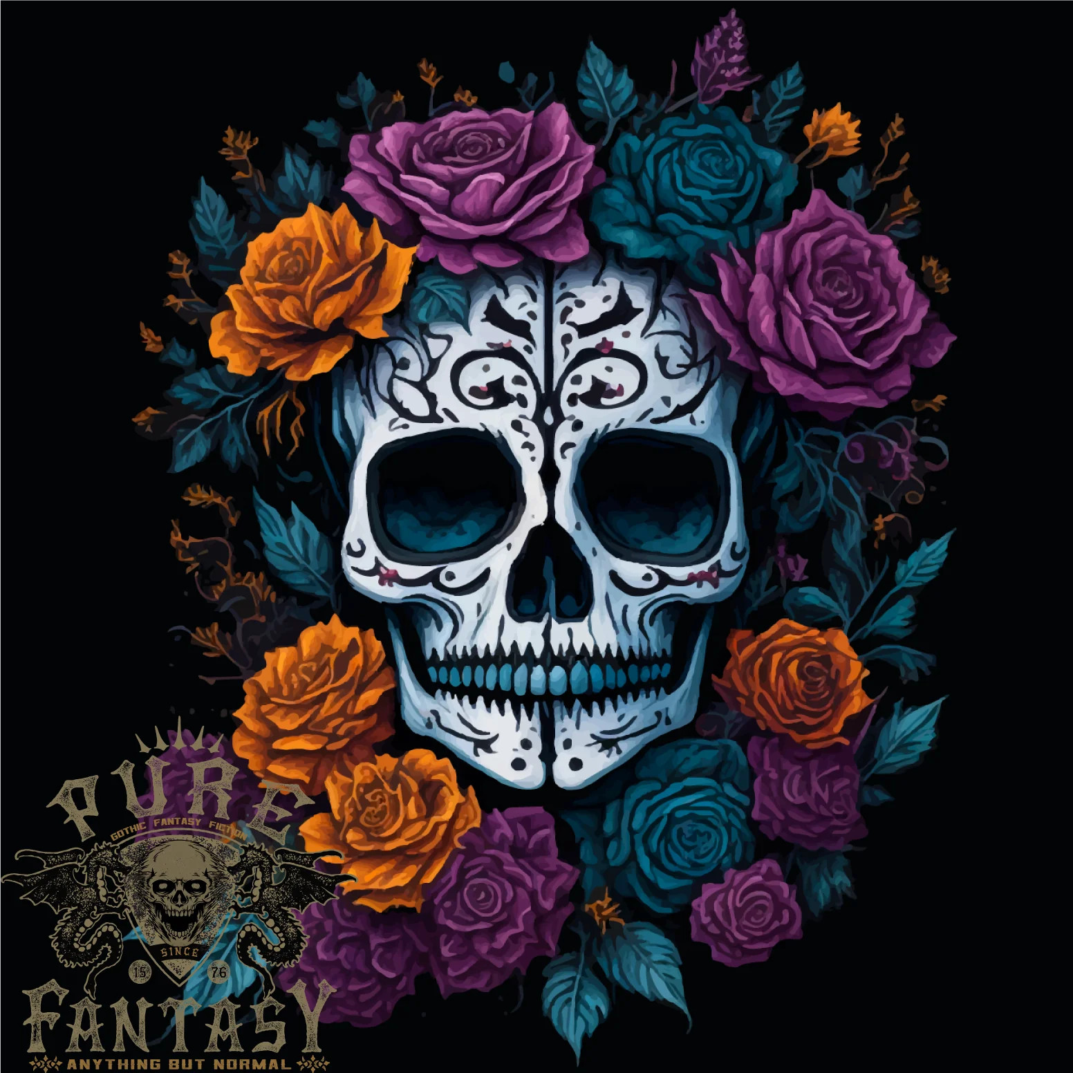 A Sugar Skull With Roses Day of the Dead DOTD Mens T-Shirt 100% Cotton