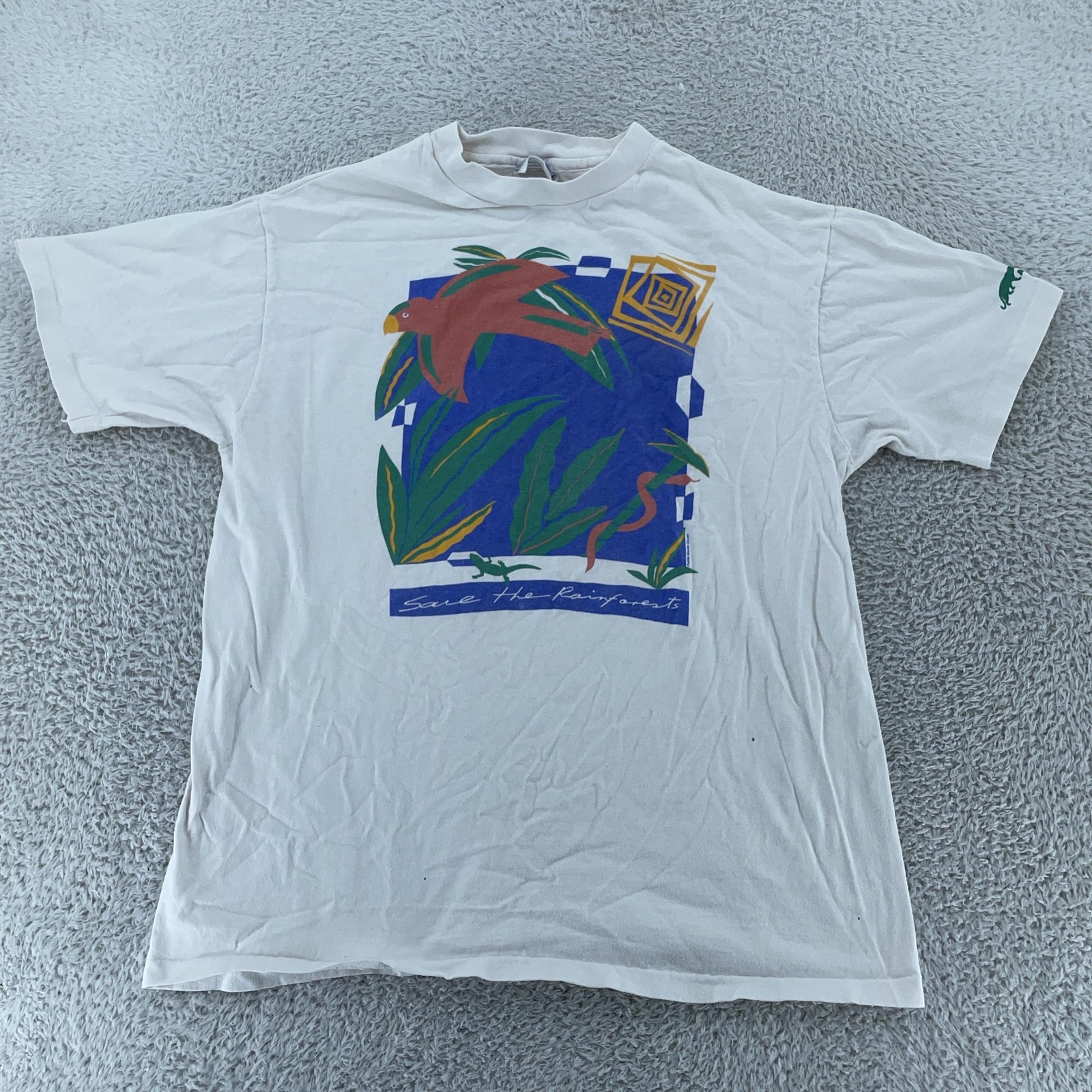 Vintage Save The Rainforests T-Shirt Mens Medium Parrot Nature Activism Art 90s gallery
