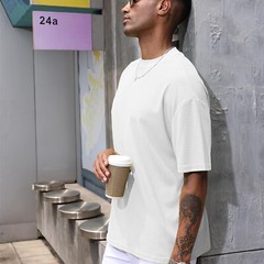 New Men’s Heavyweight Cotton Double Yarn Drop Shoulder Round Neck T-shirt Casual